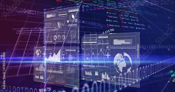 Obraz Image of statistics, binary coding and financial data processing over grid