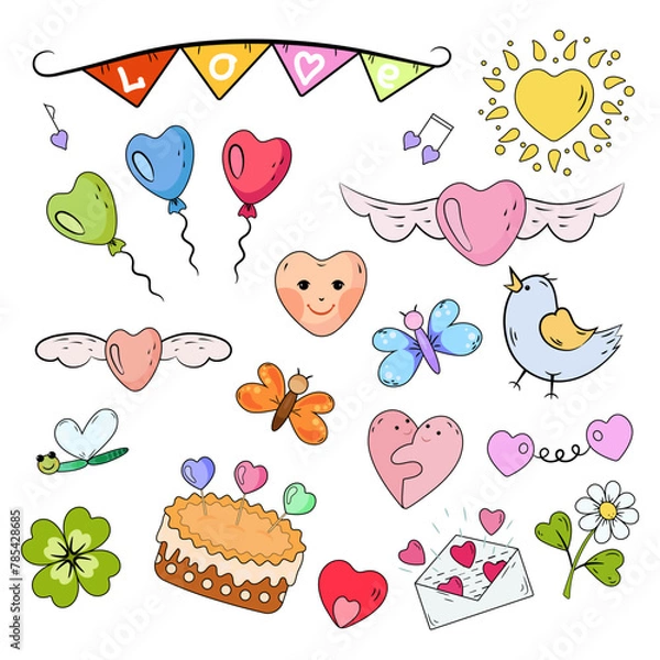 Obraz Love set. Cartoon illustrations with heart elements