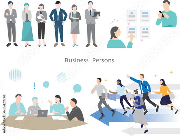 Fototapeta 男性と女性ー爽やかな笑顔のビジネスパーソンービジネスチームのスタートアップセットイラスト素材