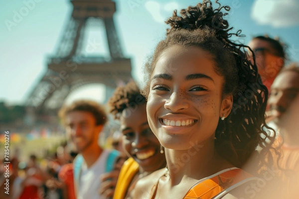 Fototapeta Smiling black woman standing in front of the Eiffel Tower