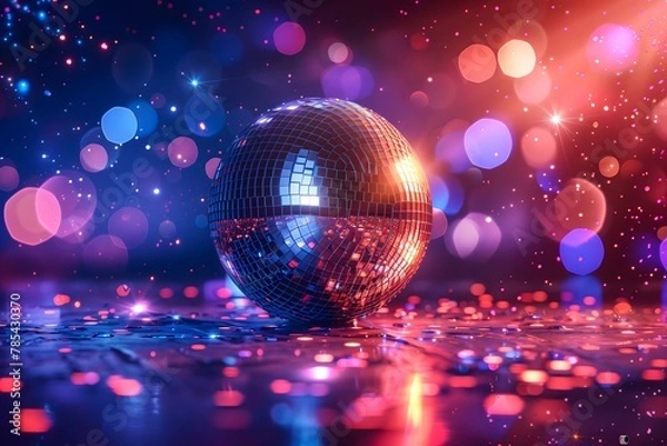 Fototapeta A sparkling disco ball reflects colorful lights on a shiny surface, creating a vibrant and festive atmosphere.