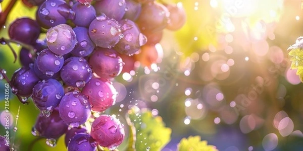 Obraz Cluster of ripe purple grapes with water droplets shining in the soft, golden glow of morning sunshine.