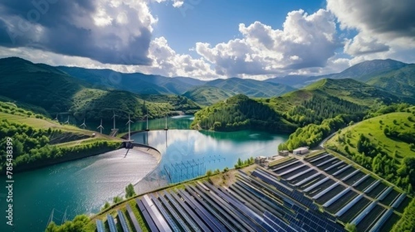 Fototapeta photo of landscape that integrates renewable energy sources, such as solar panels, wind turbines, and hydroelectric dams, into a harmonious and productive scene. 