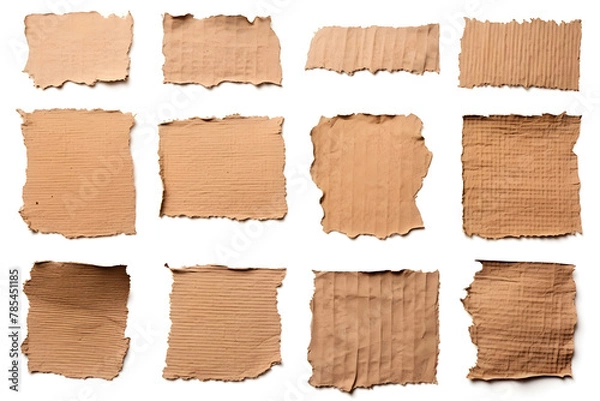 Fototapeta Collection of ripped pieces of corrugated cardboard isolated on white background