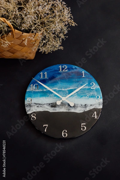 Fototapeta Wall clock. Round clock made of epoxy resin. Sea and waves