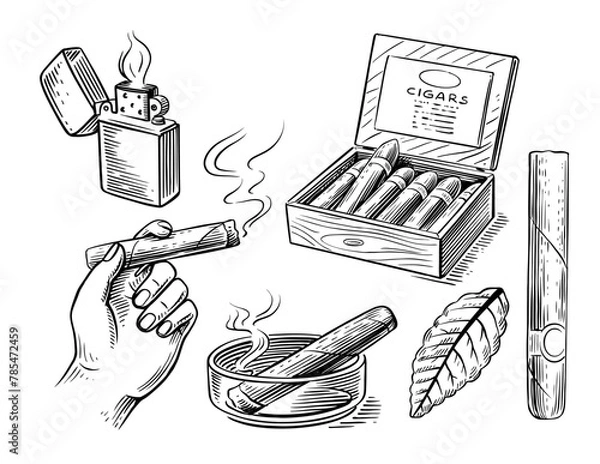 Obraz Cuban cigars and Tobacco smoking sketch illustration