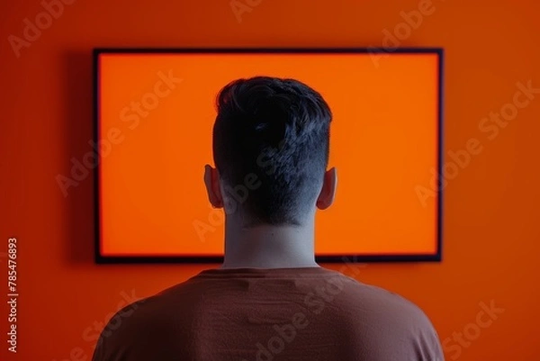 Obraz Application mockupover the shoulder shot of a man in front of an smart-tv with a fully orange screen