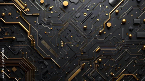 Fototapeta Intricate Golden Circuit Board Pattern on Matte Black Background