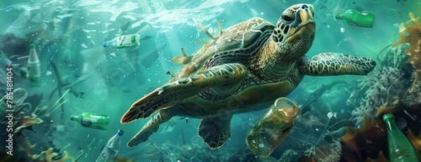 Fototapeta Une tortue de mer nageant parmi des bouteilles en plastique et d'autres déchets dans l'océan, mettant en évidence la pollution de l'environnement, image avec espace pour texte.