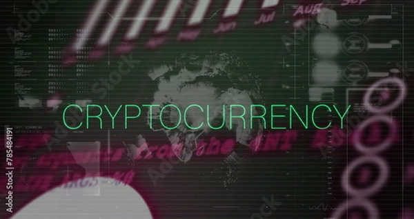 Fototapeta Image of cryptocurrency text, statistics and data processing