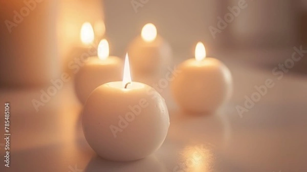 Fototapeta White candles on bright background with a free place for text. Concept of home, spa, relaxation, meditation or festive celebration banner.