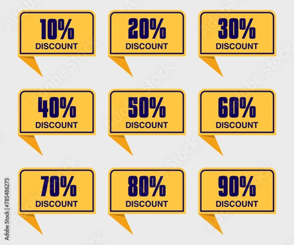 Fototapeta Special offer discount label with different sale percentage. 10, 20, 30, 40, 50, 60, 70, 80, 90 percent off price reduction badge promotion design emblem set vector illustration