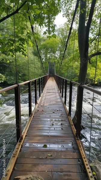 Fototapeta Building a pedestrian bridge over a river, connectivity, scenic route, accessibility