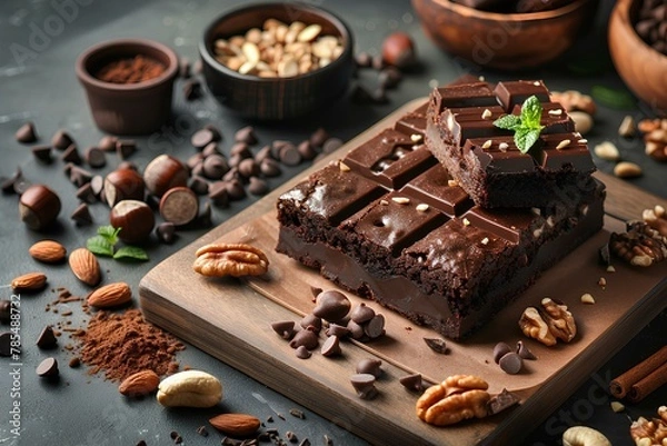 Fototapeta A wooden cutting board topped with chocolate and nuts next to bowls of nuts and chocolate chips and