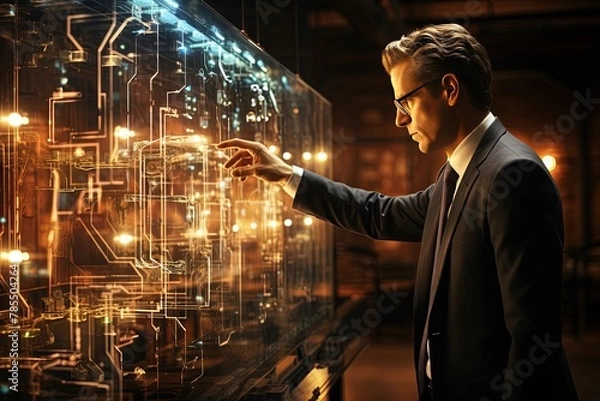 Fototapeta A businessman touches the neural networks with his hand, the matrix moves to his hand, Science and Innovative Technologies