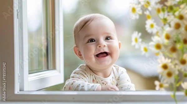 Fototapeta A smiling baby on an open windowsill in a house