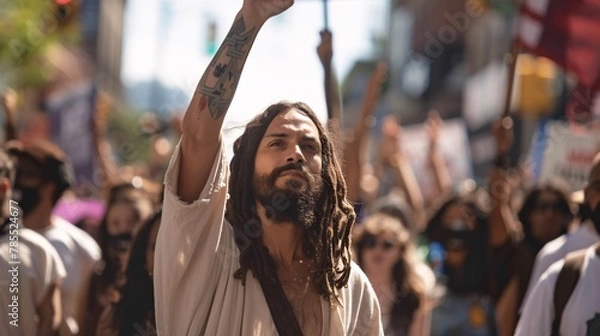 Fototapeta Jesus takes part in a peaceful protest march, advocating for social justice and equality, marching alongside activists and raising awareness for important causes 02