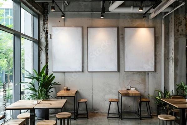 Fototapeta Mockup of blank frame in loft coffee shop interior, industrial style interior of cafe - grunge textured walls, houseplants and wooden tables, minimalistic design, AI generated