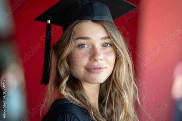 Fototapeta Smiling graduate, soft-focus on red
