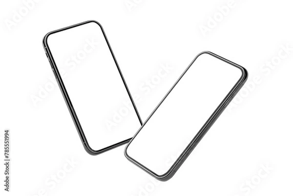 Fototapeta Two smartphones with blank screen flying in antigravity mockup isolated on white background. Smartphones levitation in the air. Business infographic mockup of web site or design app.