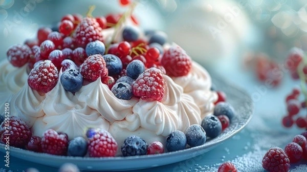 Fototapeta   A tight shot of a cake on a plate, adorned with berries and blueberries atop, and more berries nestled beneath