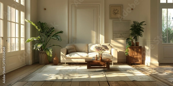Fototapeta Modern Minimalist Living Room Interior with White Walls, Wooden Floors and Potted Plants in 3D Rendering