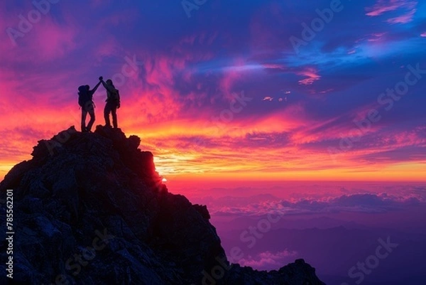 Fototapeta A couple of hikers celebrating at the peak of a high mountain during sunset, silhouetted against a vibrant sky