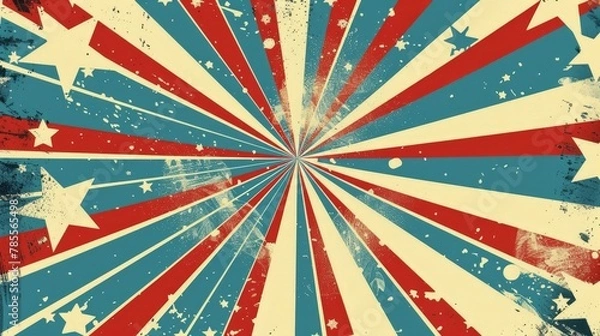 Fototapeta A captivating retro-styled image showcasing a burst of American flag colors and stars, evoking a sense of patriotism and nostalgia