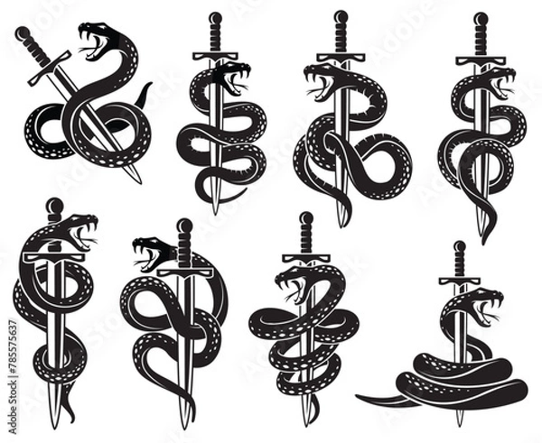 Fototapeta collection of snake and sword in tattoo style isolated on white background