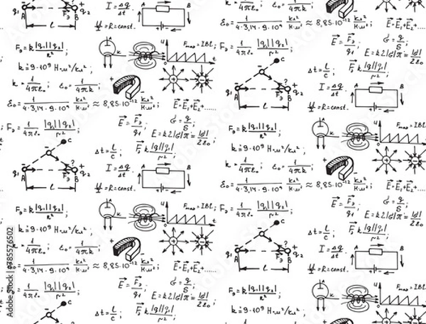 Obraz Electric magnetic law theory and physics mathematical formula equation. Physical equations on whiteboard. Education and scientific  background. Vector hand-drawn vintage seamless pattern.
