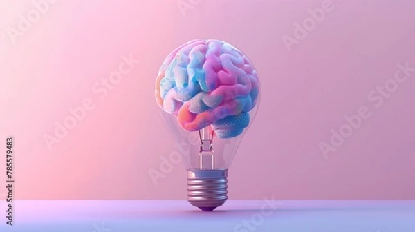 Fototapeta Brain inside of transparent light bulb placed on against blue and pink pastel background, Brainstorming or knowledge. Creative idea of lamp, copy space, generative ai