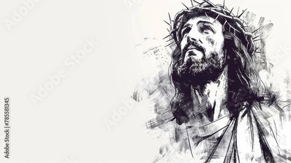 Fototapeta Pencil sketch of Jesus Christ on white background with copy space