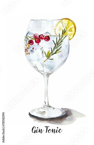 Fototapeta Watercolor illustration of a Gin Tonic cocktail flavored with rosemary and red berries isolated on white