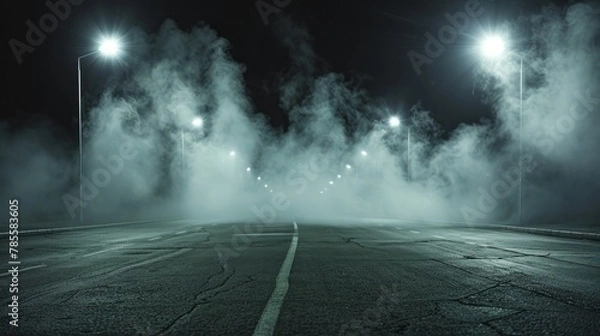 Fototapeta A dark street stretches into the distance, its asphalt surface illuminated by the glow of streetlights.