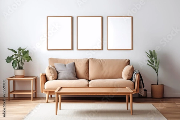 Fototapeta Mockup of three frames in a Scandinavian interior with a sofa plants and white walls