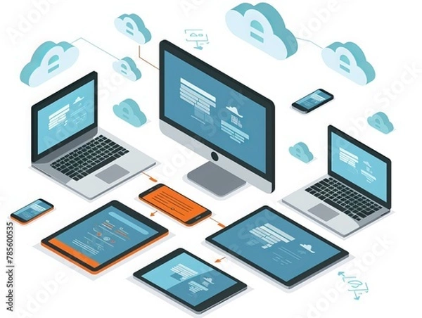 Fototapeta Visualizing cloud storage communication within a home or work network, this isometric illustration features a computer, laptop, tablet, and smartphone seamlessly interacting