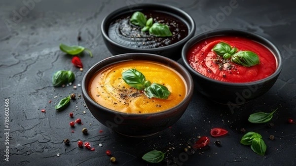Obraz  one with basil, another with tomato, and various toppings on a black surface Red peppers and basil leaves accompany them