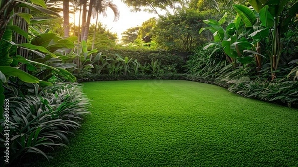 Fototapeta A backyard at sunrise with a lively artificial lawn and dense foliage, fostering a calm ambiance.