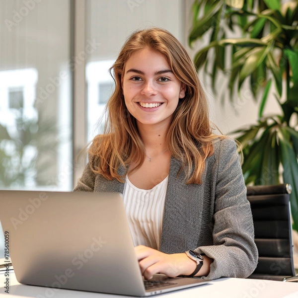 Obraz Business woman working in office. A key account manager, working on his laptop. She is smiling