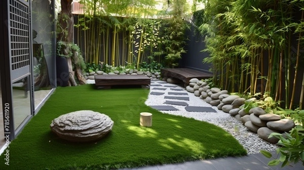 Fototapeta Compact garden designed for serenity with artificial turf and a simple rock garden.