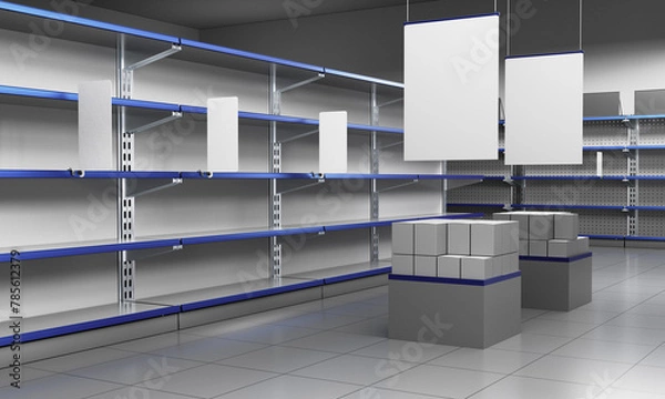 Fototapeta Box with packages mockup, Shelf-stoppers in supermarket, Blank banner hangging in store, 3D rendering	