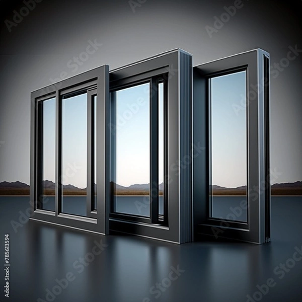 Fototapeta Aluminium window and door frames with a reflective glass design align perfectly against a desert landscape, showcasing a seamless blend of industry and nature