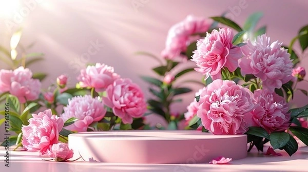Fototapeta Round podium platform and spring beautiful peonies flowers around on pink background