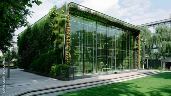 Fototapeta An algae-powered building with bio-reactive facades producing oxygen and biofuel.