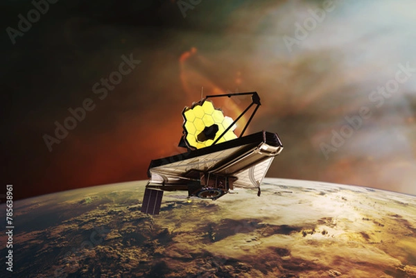 Fototapeta James Webb telescope on low-orbit of Earth planet. JWST launch art. Elements of this image furnished by NASA.