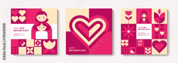 Fototapeta Set of Mother's Day poster, greeting card, banner, label, sale promotion template, cover in geometric style. Geometric print, pattern. Vector illustration.	