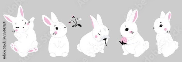 Obraz Cute white rabbit in various poses. Rabbit animal icon isolated on background. For Moon Festival, Chinese Lunar Year of the Rabbit, Easter decor. White Easter bunny, hare. Wild animals, baby animals