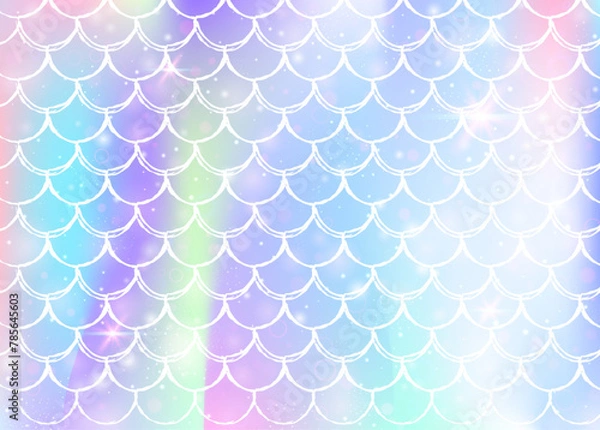 Fototapeta Kawaii mermaid background with princess rainbow scales pattern. Fish tail banner with magic sparkles and stars. Sea fantasy invitation for girlie party. Trendy kawaii mermaid backdrop.