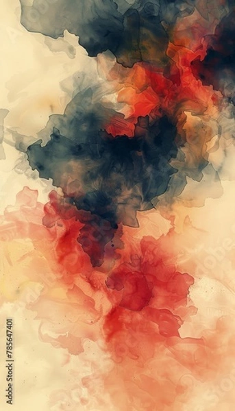 Fototapeta A watercolor nursery book scene blends serenity and combat in abstract form. Vivid colors contrast a minimalist background of dark reddish brown, taupe, and light peachy brown