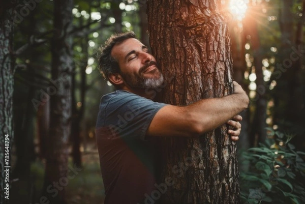 Fototapeta Smiling man hugging a tree in nature